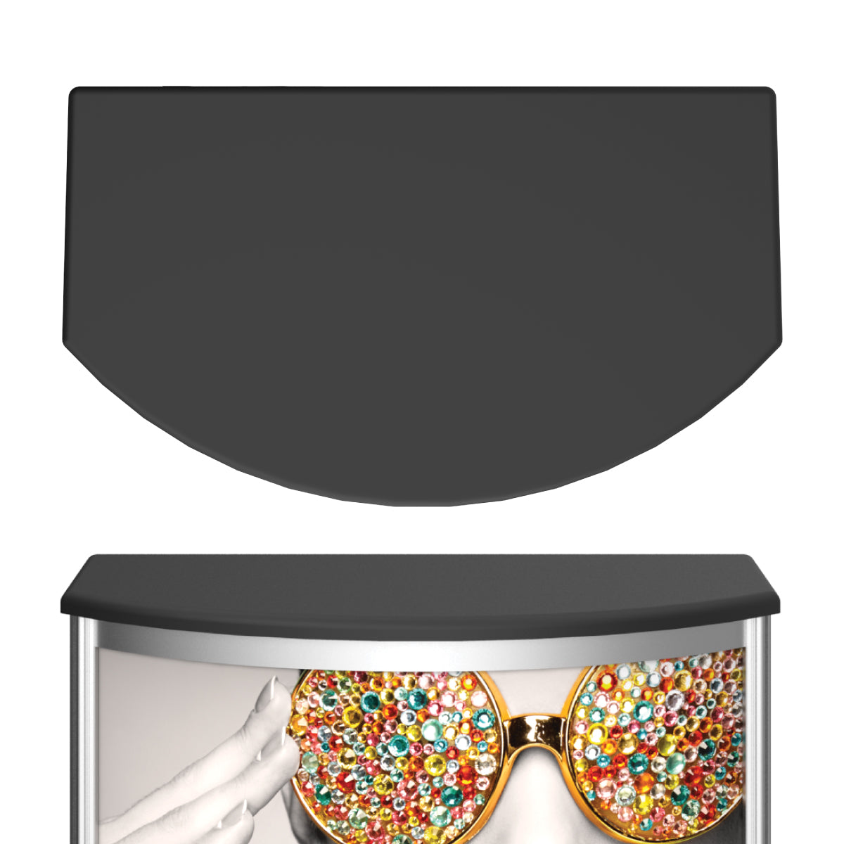 Curved trade show counter with graphic panel and black top for exhibitions and special events