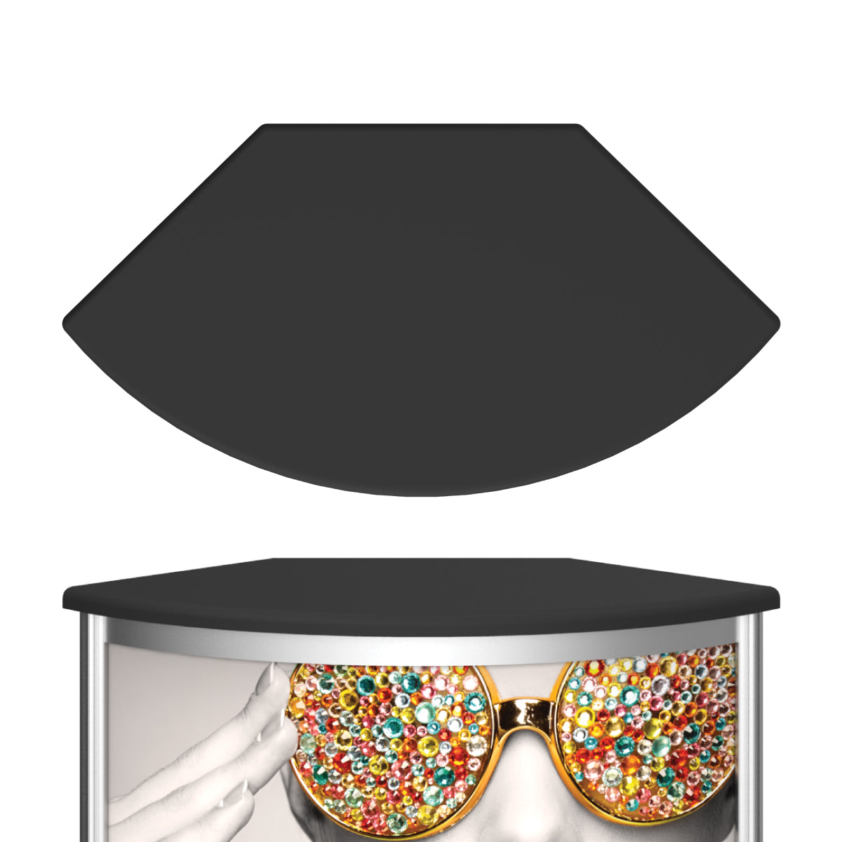 Curved trade show counter with graphic panel featuring colorful jeweled sunglasses for exhibitions and special events