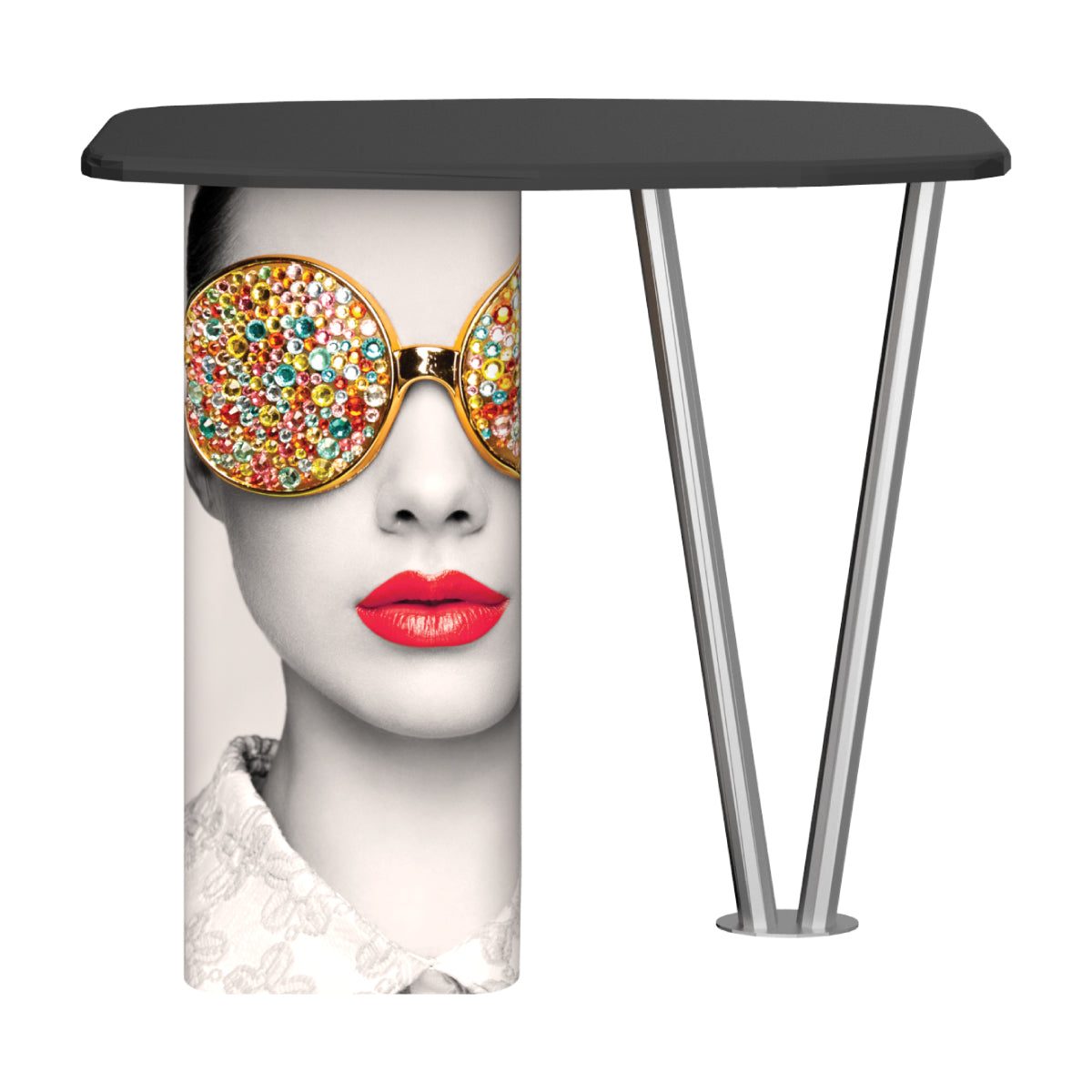 Modern portable trade show counter with vibrant fashion graphic for exhibitions and events