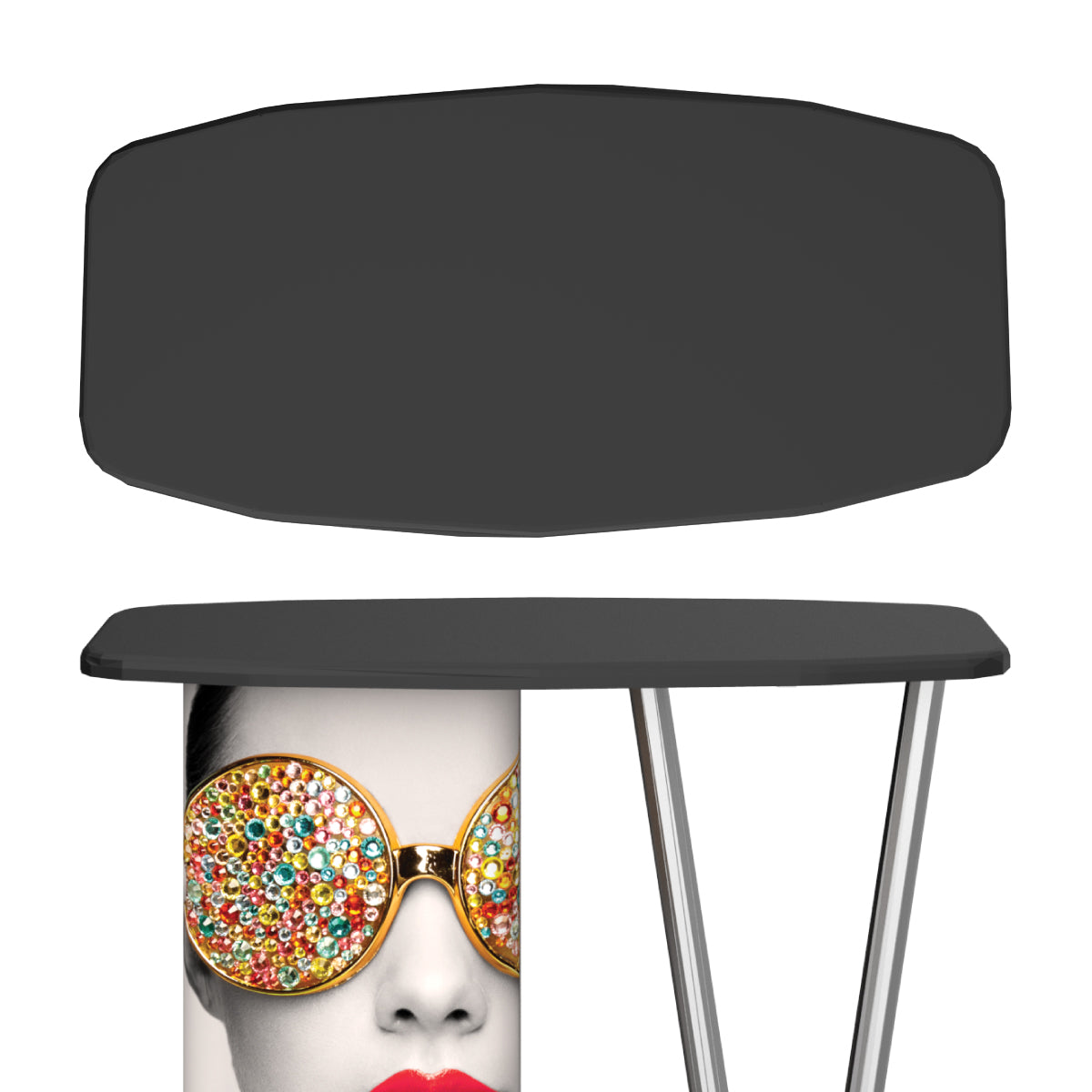 Portable trade show counter with printed graphic and compact tabletop for exhibitions and events