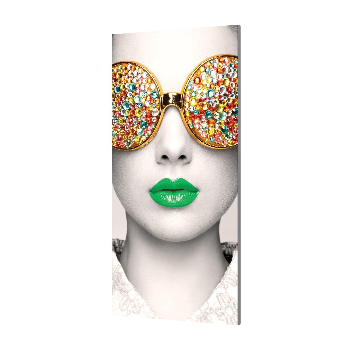 Modern art print with close-up of face wearing decorative large sunglasses and bold lipstick for trade show display