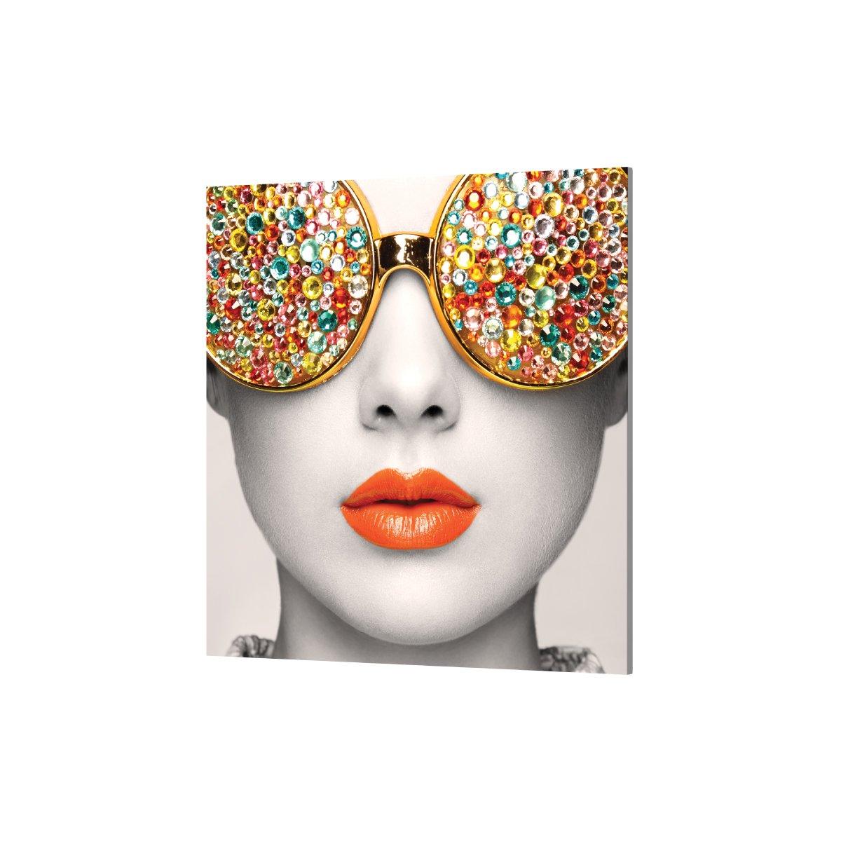 Artistic wall display featuring stylized portrait with decorative eyewear for trade shows and exhibitions