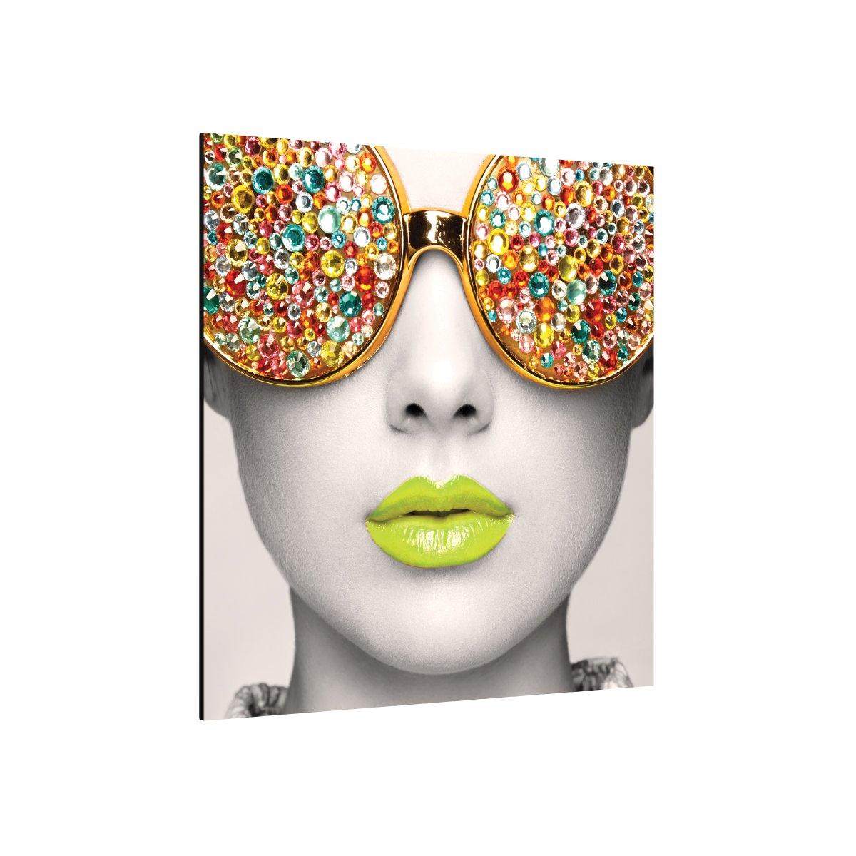 trade show wall display featuring close-up portrait with gemstone sunglasses and vibrant lips