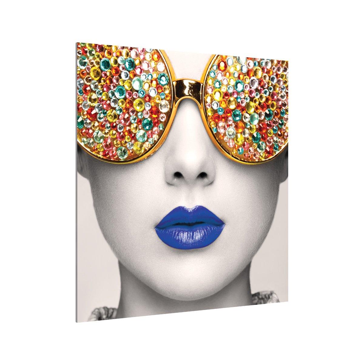 Large wall display featuring a close-up face with embellished sunglasses for trade show and exhibition branding