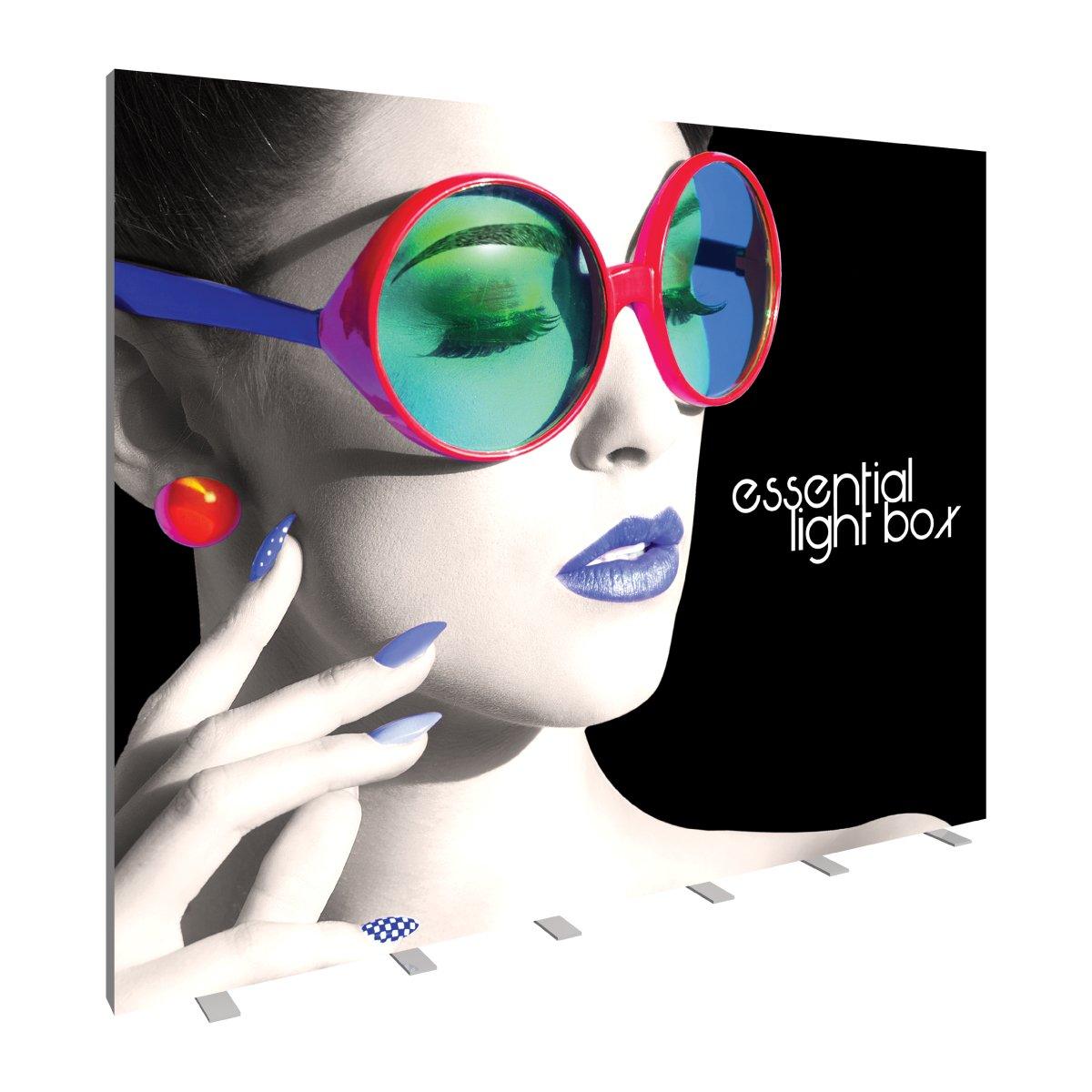Essential light box display featuring a stylized close-up woman with large glasses, used for trade shows and exhibitions