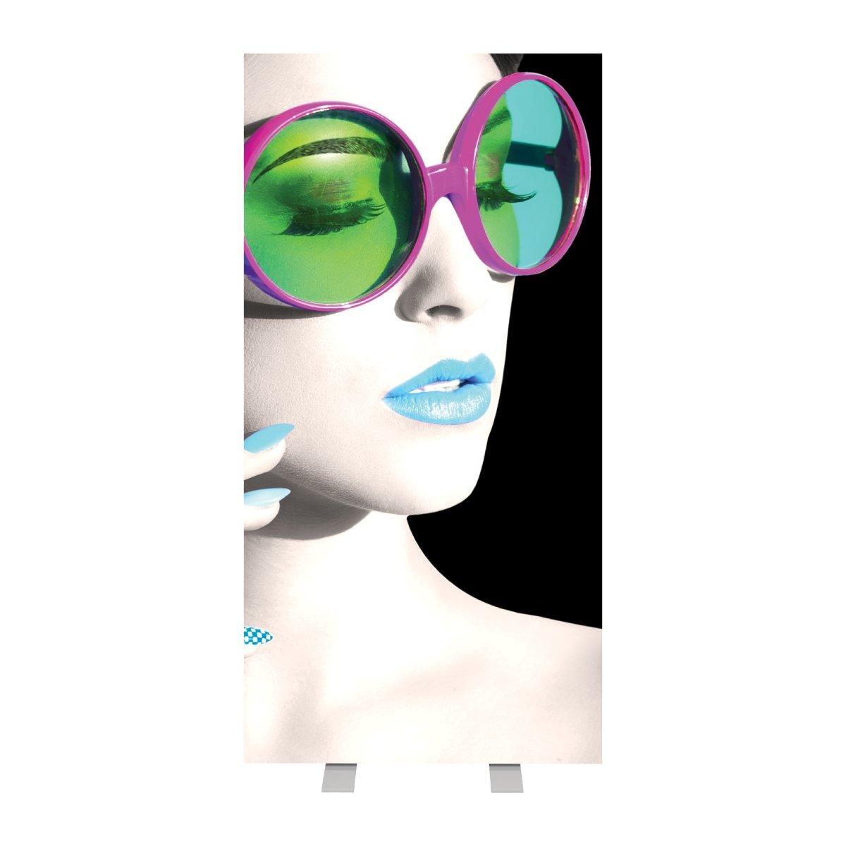 Large vertical lightbox display featuring a close-up of a woman's face wearing oversized round sunglasses for trade shows and exhibitions