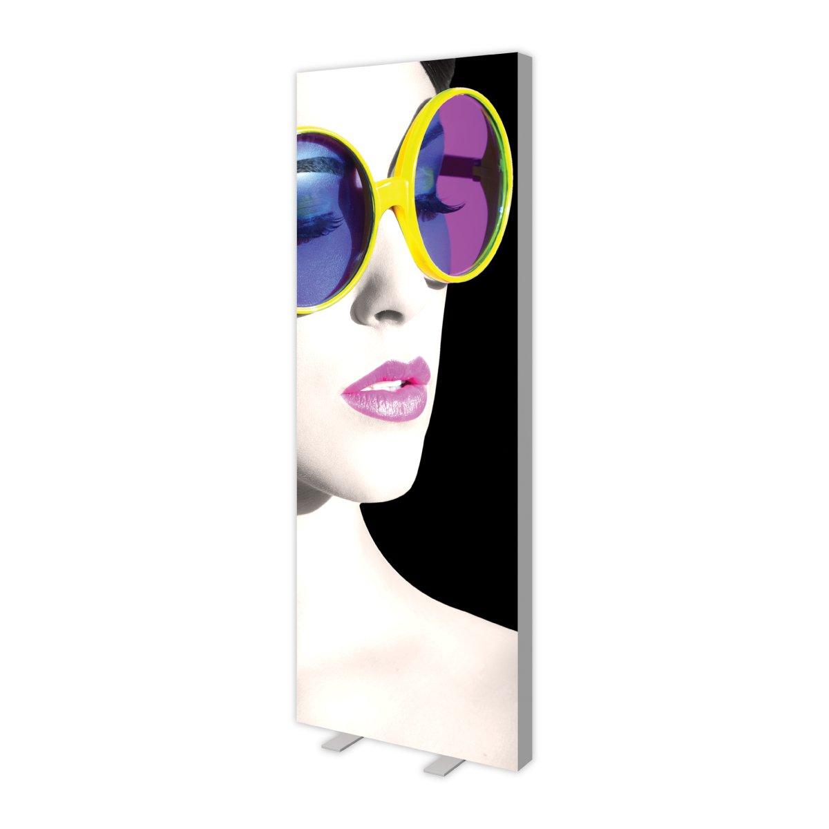 Tall lightbox display featuring close-up fashion portrait with large circular sunglasses for trade shows