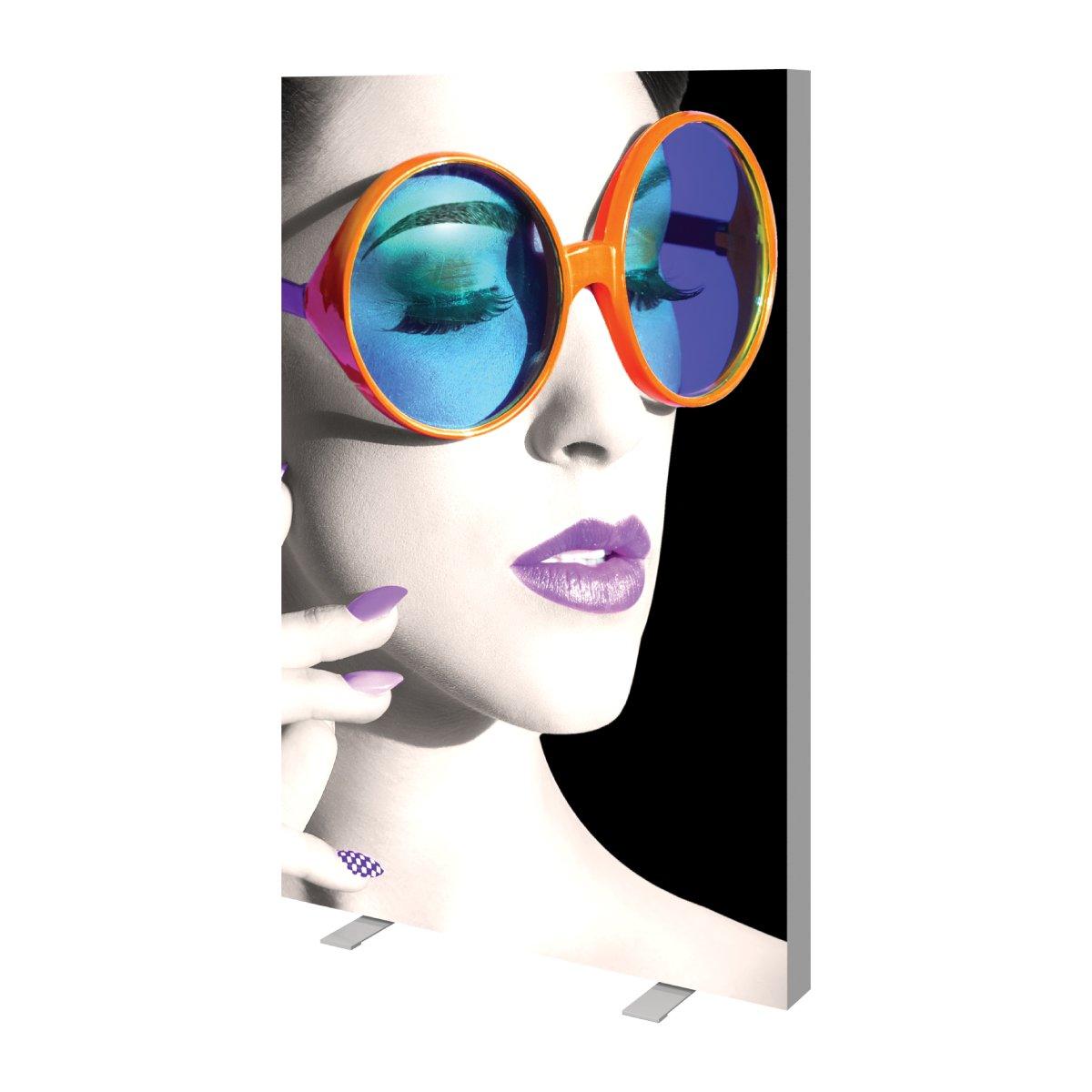 Vertical lightbox display featuring close-up of woman wearing large round sunglasses, ideal for trade shows and exhibitions