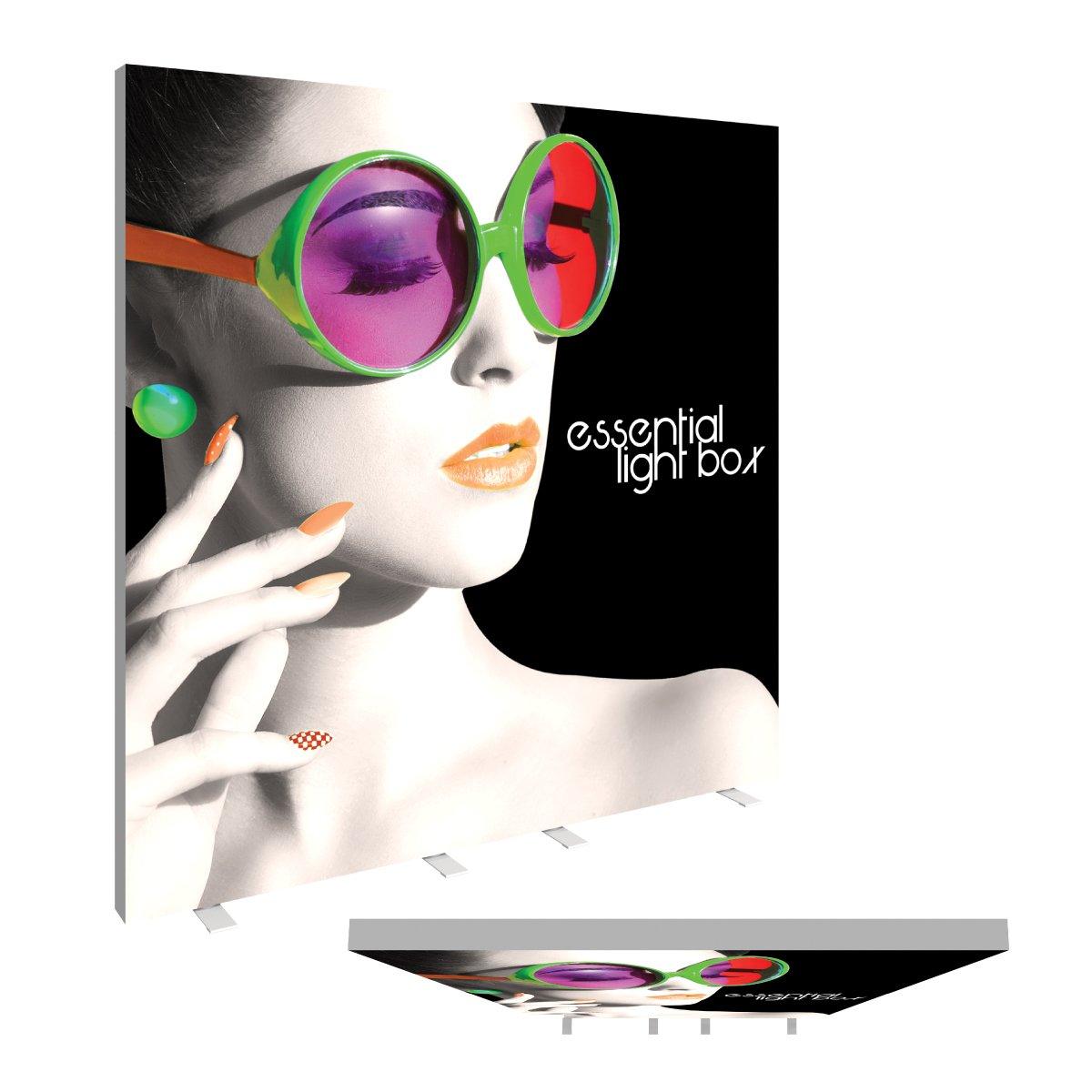 Essential lightbox trade show display featuring a stylish woman's portrait with large round sunglasses