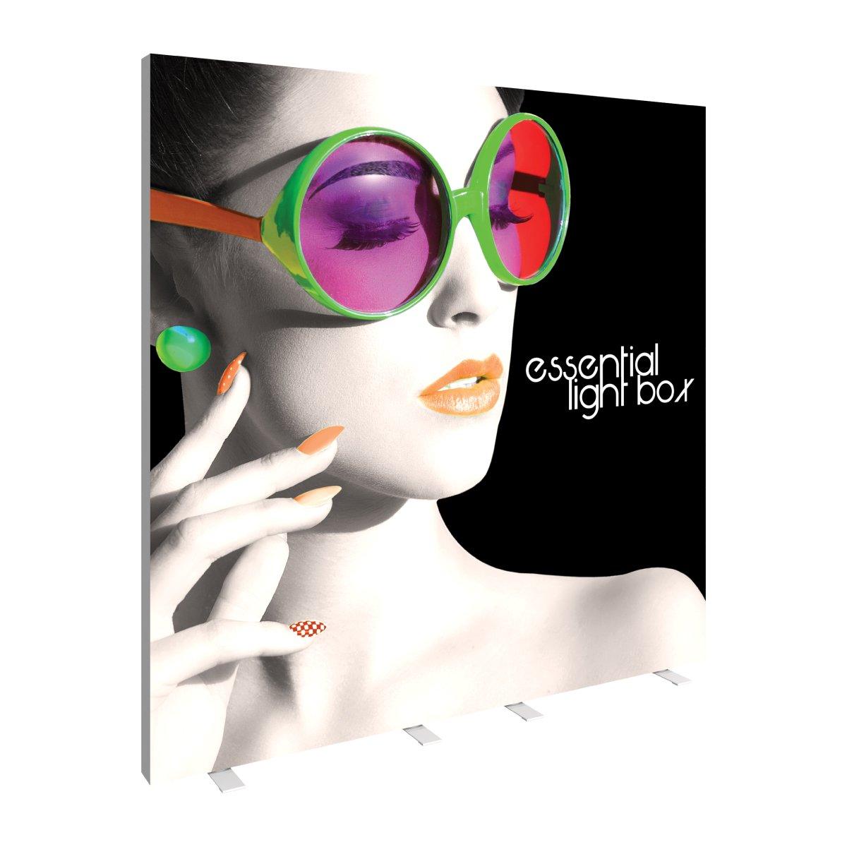 Large trade show lightbox display featuring a close-up image of a woman's face with oversized sunglasses and styled nails