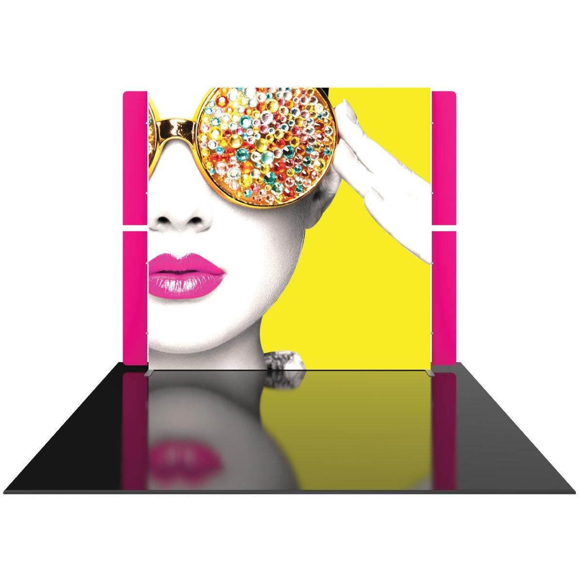 10ft backlit trade show display featuring close-up of woman with embellished sunglasses and bold lips