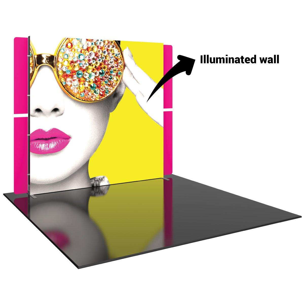 Illuminated trade show display wall featuring a close-up face graphic with decorative sunglasses for exhibitions
