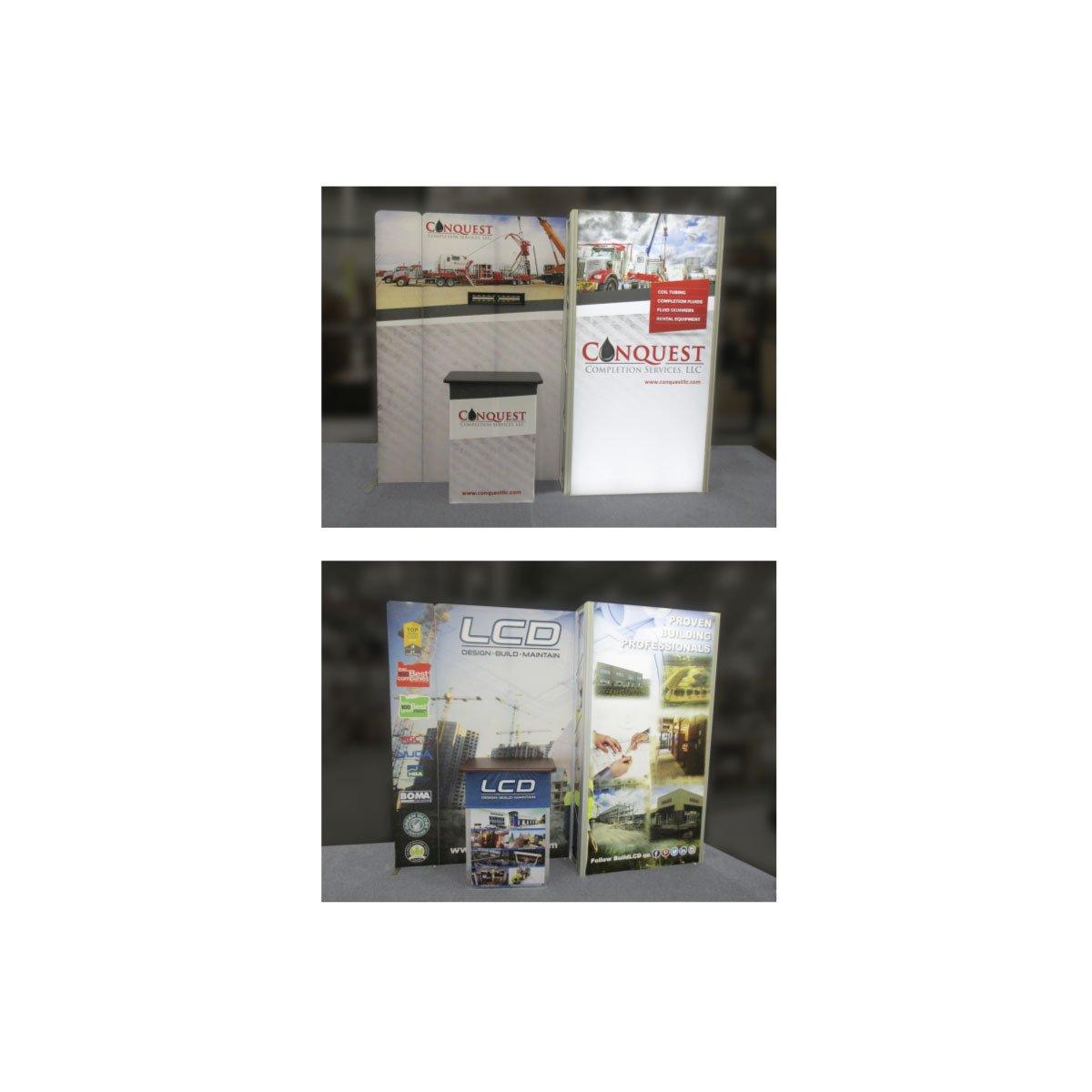 Trade show booth displays with backlit panels and counters showcasing construction and building services for exhibitions and events