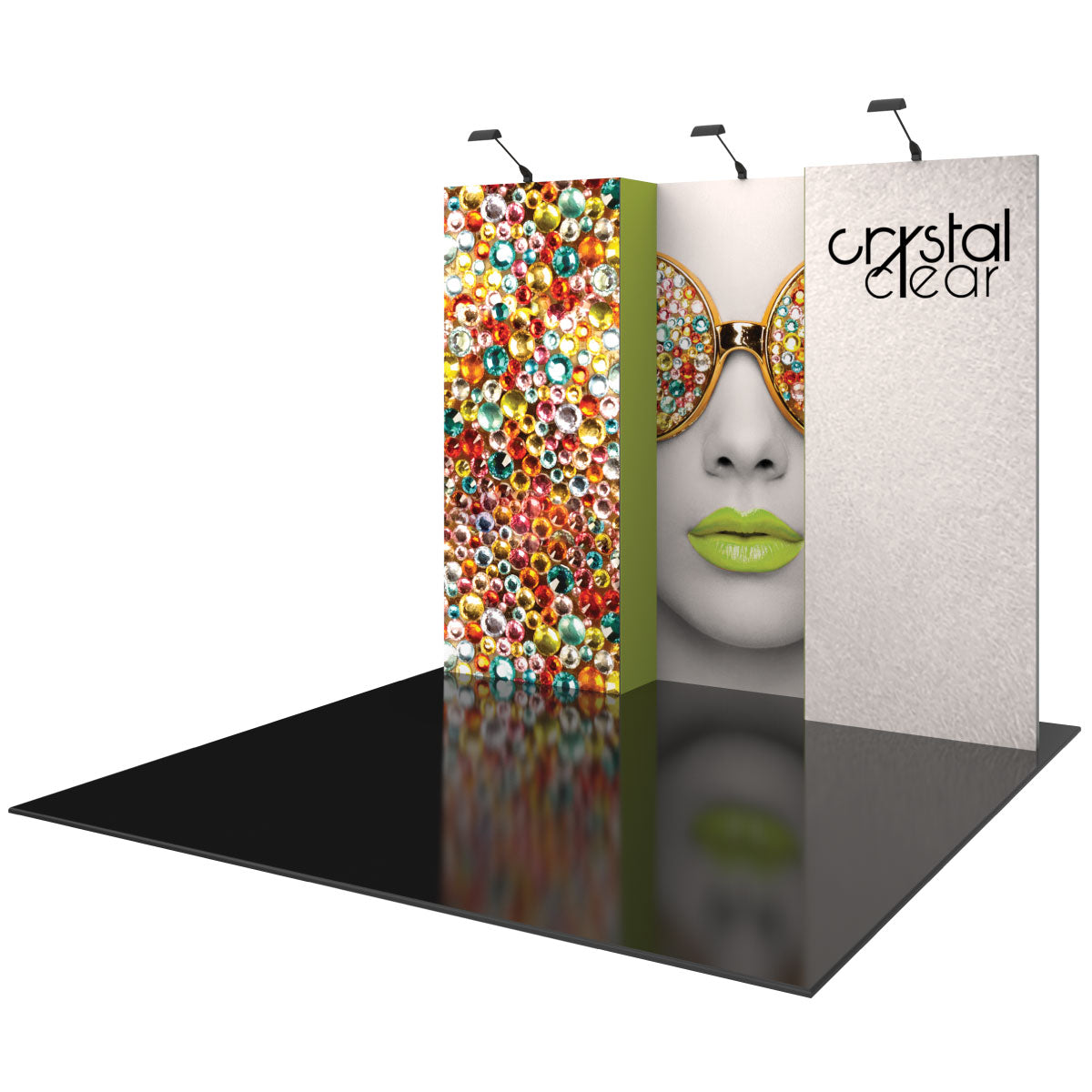 Trade show display with multi-panel graphic backdrop featuring stylized face and logo for exhibitions