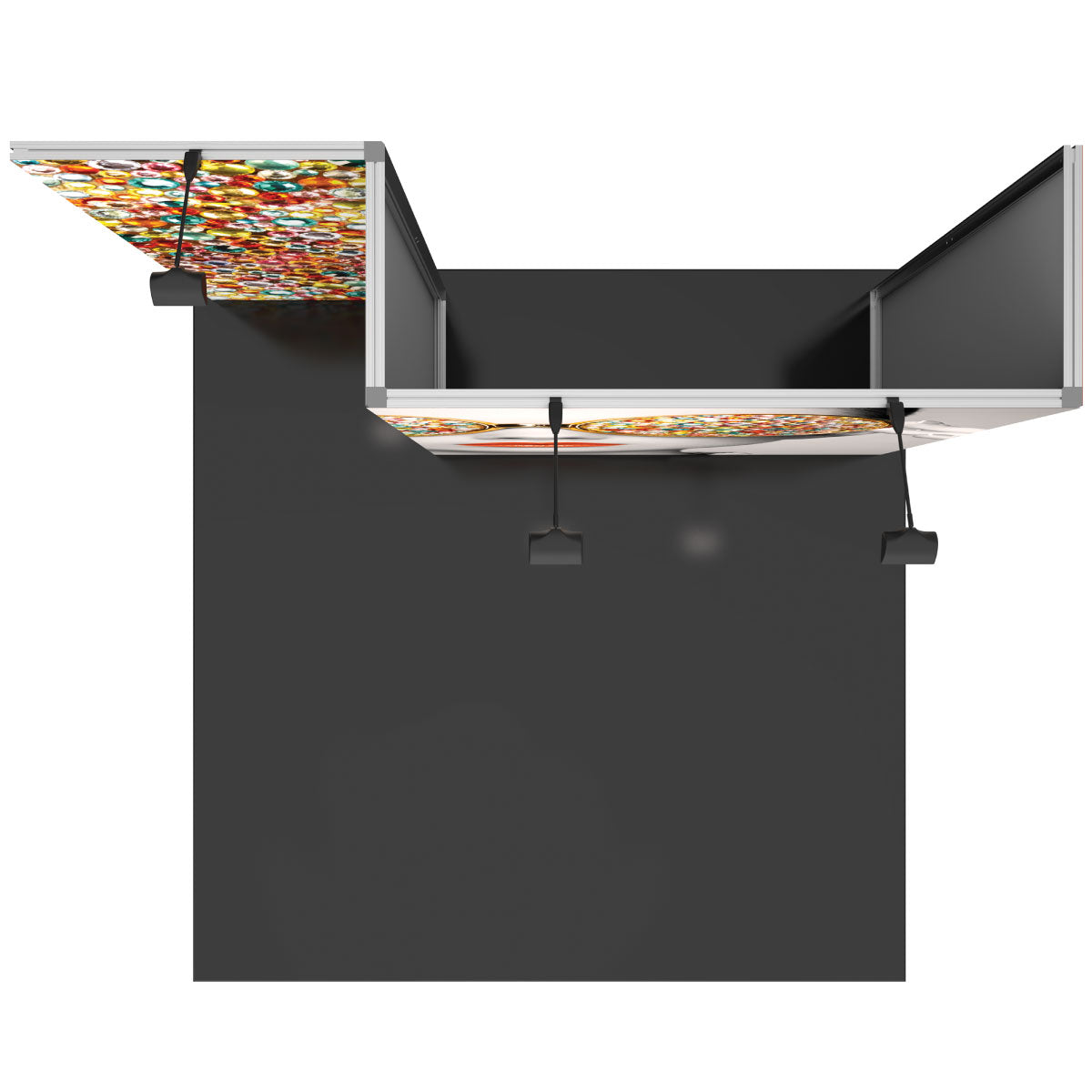 Top view of a modular trade show booth setup with framed walls and mounted spotlights for exhibitions