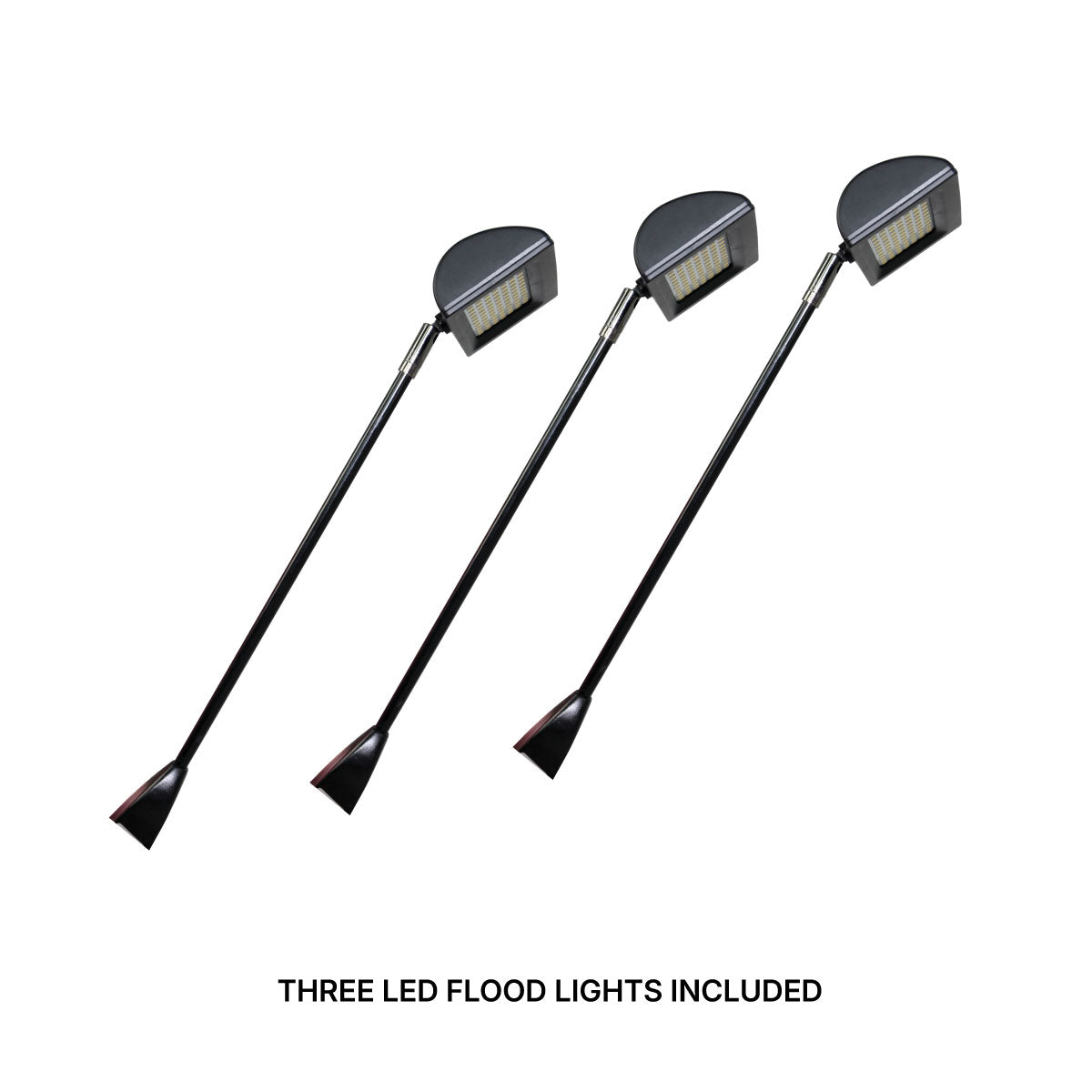 Set of three LED flood lights with adjustable arms, ideal for trade shows and exhibitions