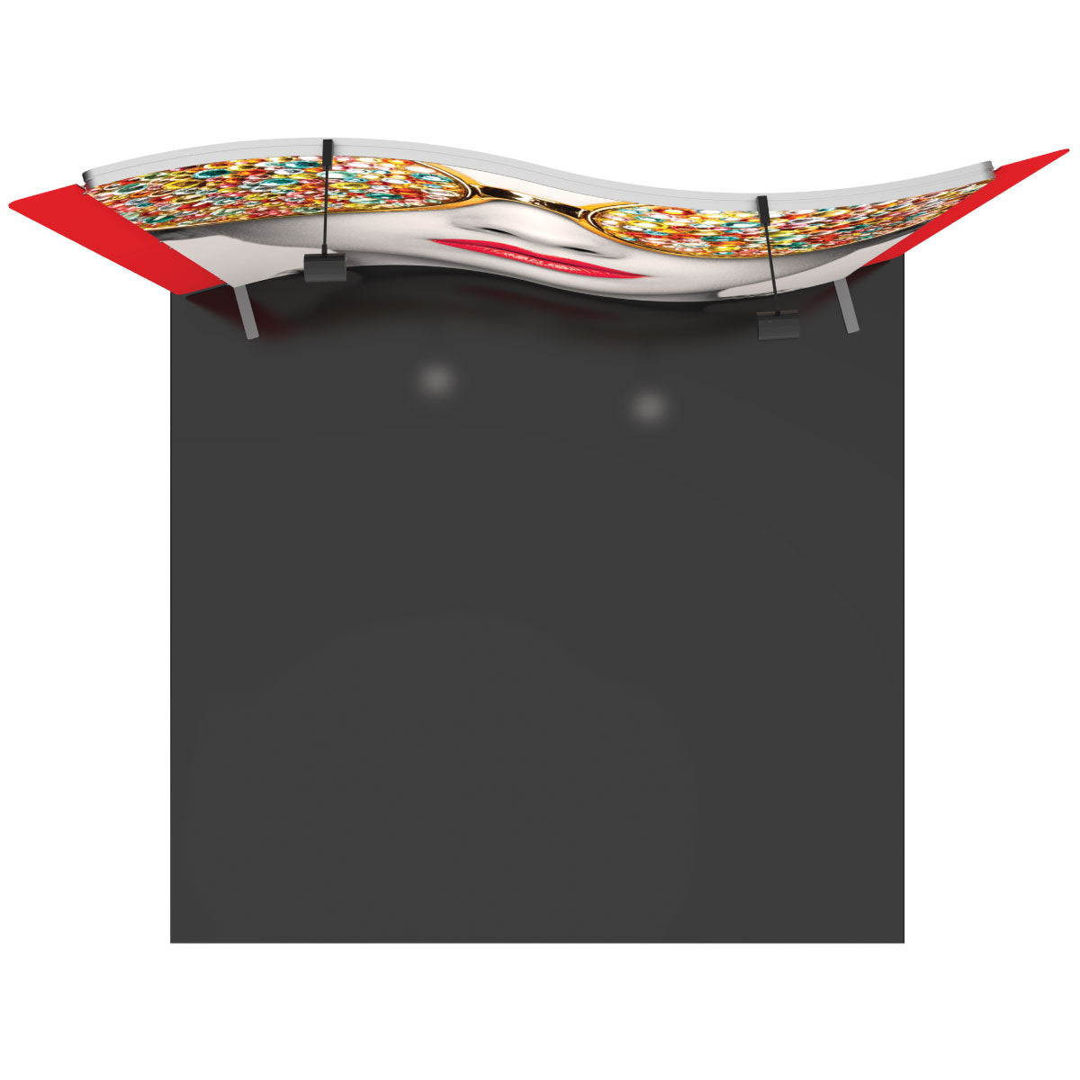 Curved trade show display with large graphic of face wearing decorative glasses and overhead lighting