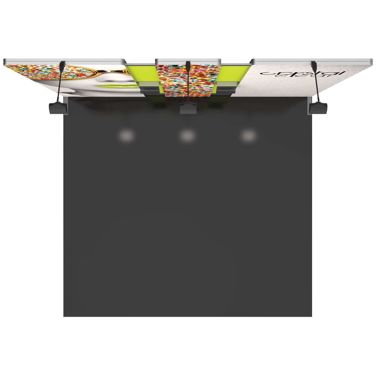 Top view of modular trade show display with graphic panels, overhead lighting, and central table