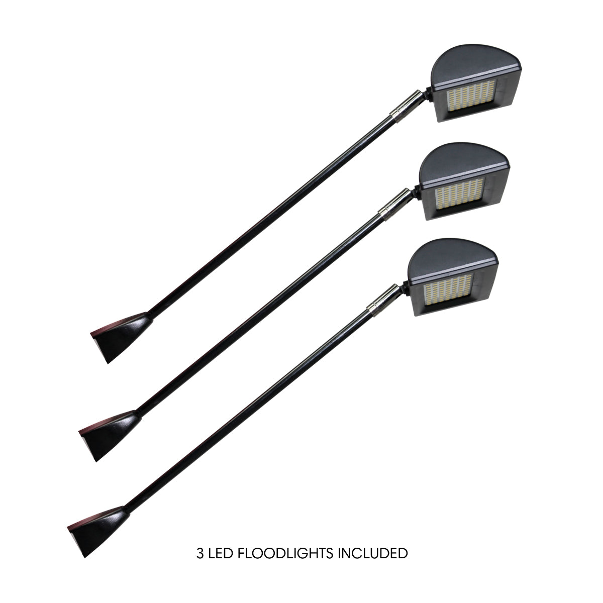 Set of three LED floodlights with adjustable long arms for trade shows and event lighting