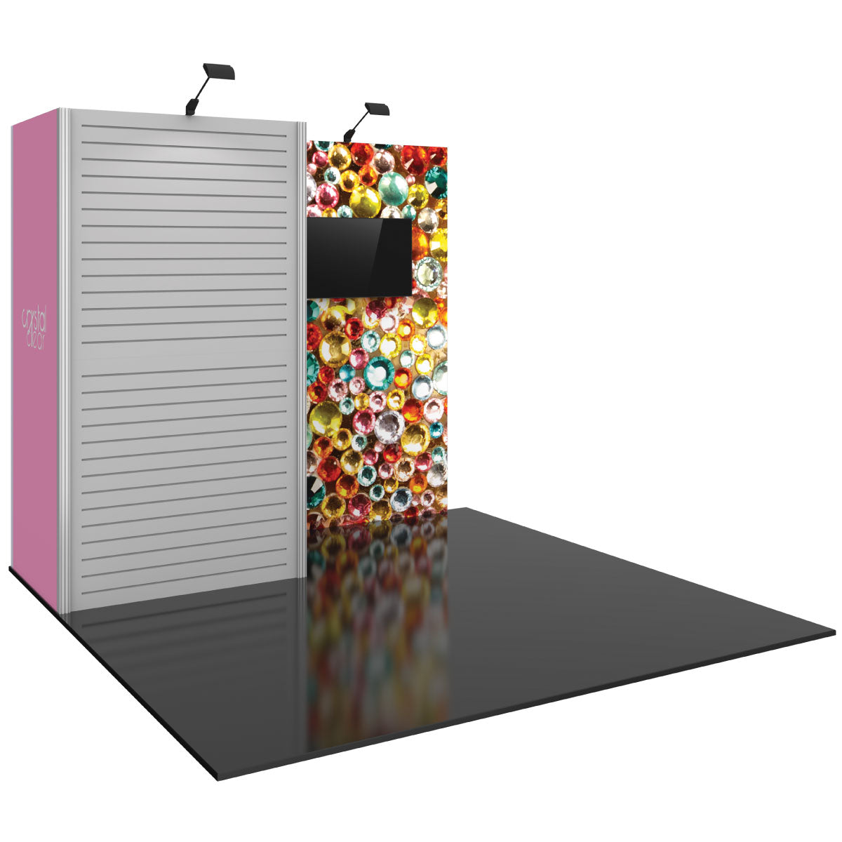 Exhibition booth setup with slatwall panel and graphic display wall featuring mounted monitor for trade shows