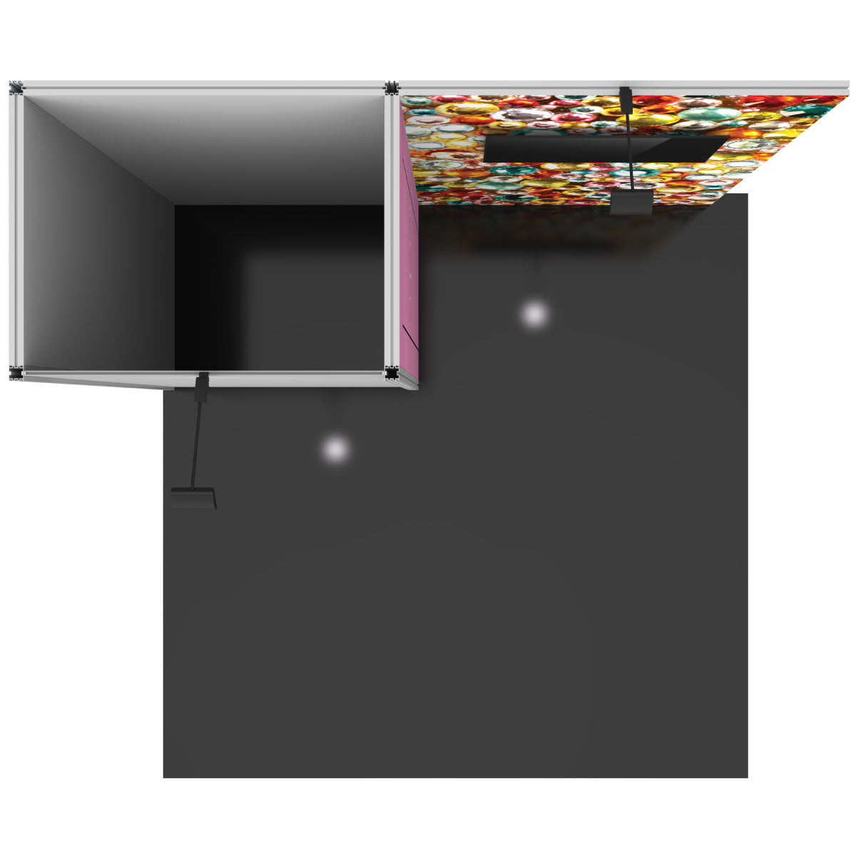 Overhead trade show booth setup with panel walls, large graphic display, and mounted screens for exhibitions