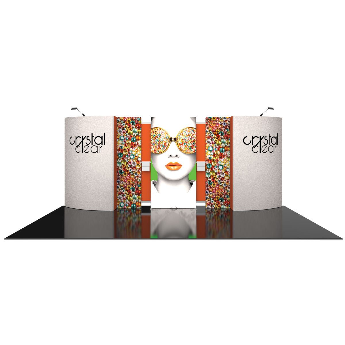 Trade show display with branded curved panels and central graphic of person wearing decorated sunglasses