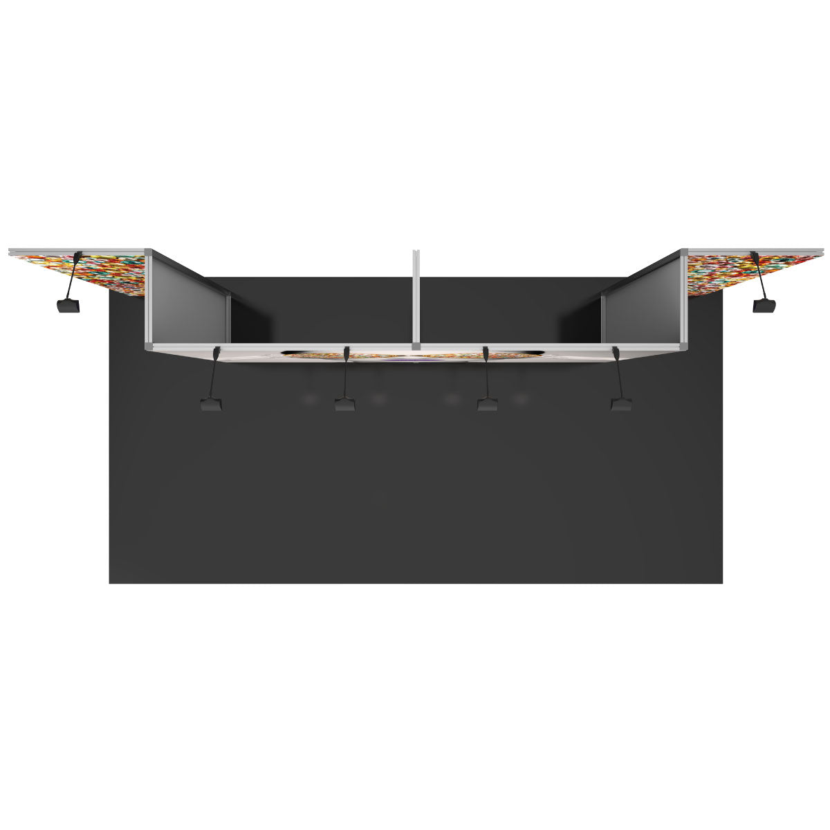 Overhead view of modular trade show booth with partition walls and mounted spotlight fixtures for exhibitions