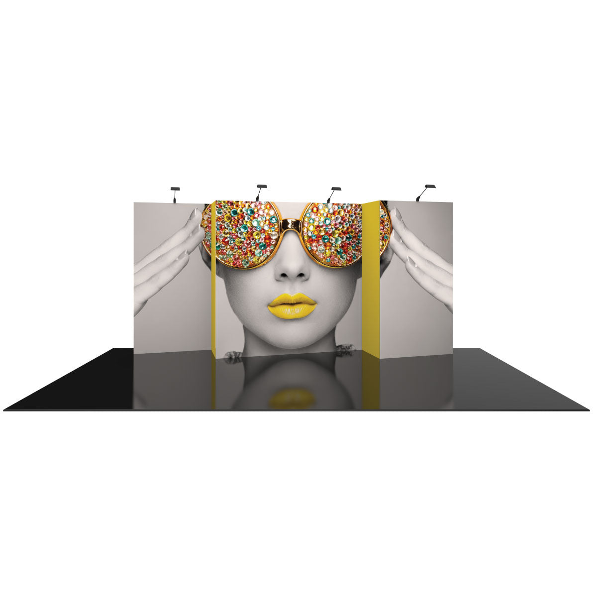 Modular trade show display with large graphic of woman wearing embellished sunglasses and vibrant lips
