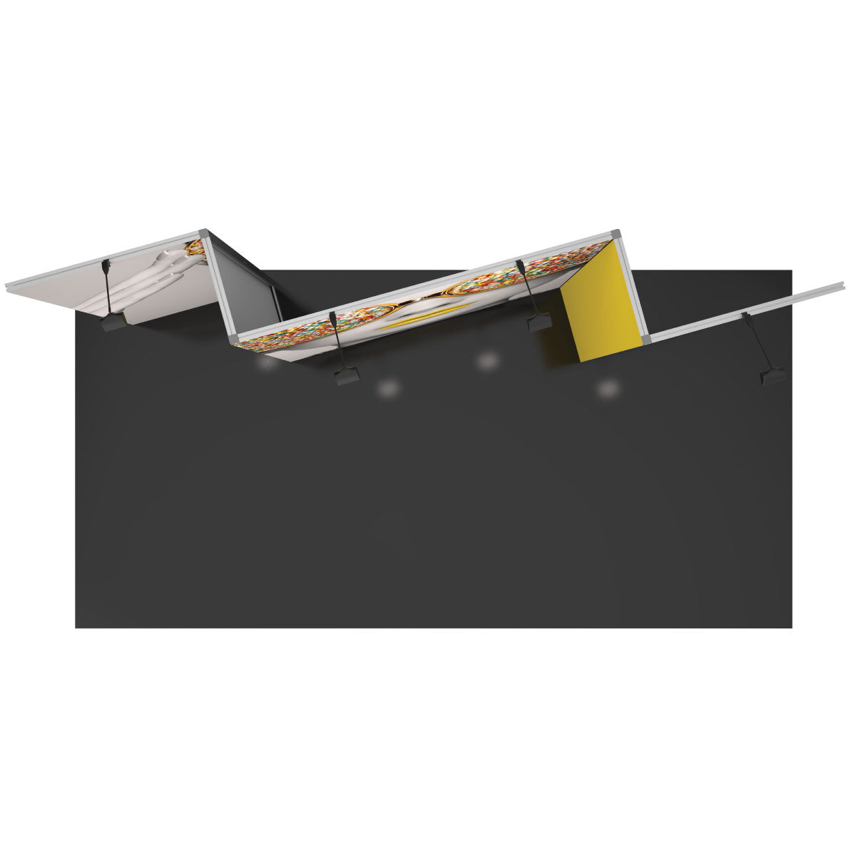 Trade show booth setup with curved exhibition walls, graphic panels, and overhead spotlights