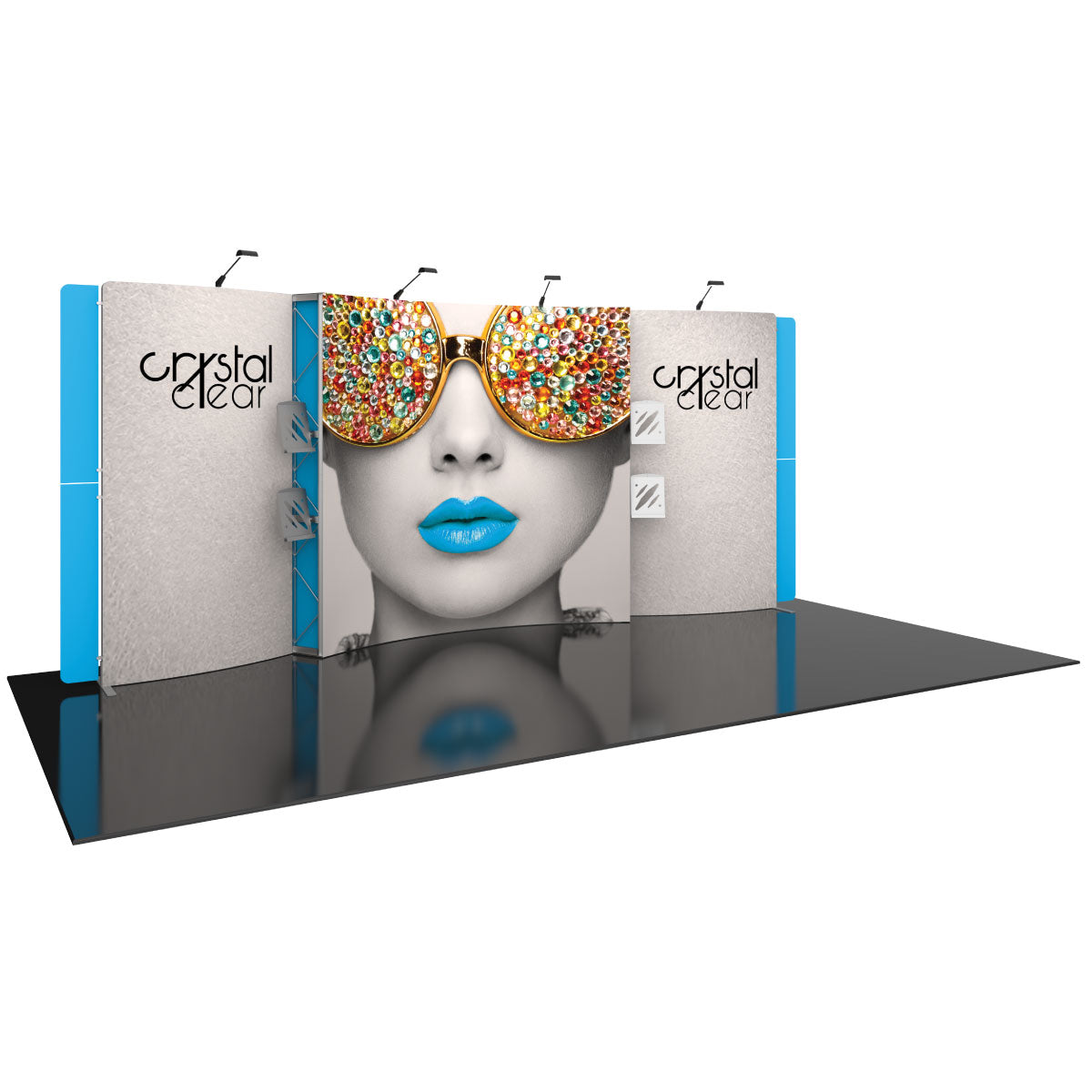 trade show display booth with large graphic of woman wearing embellished sunglasses and blue lipstick at exhibition