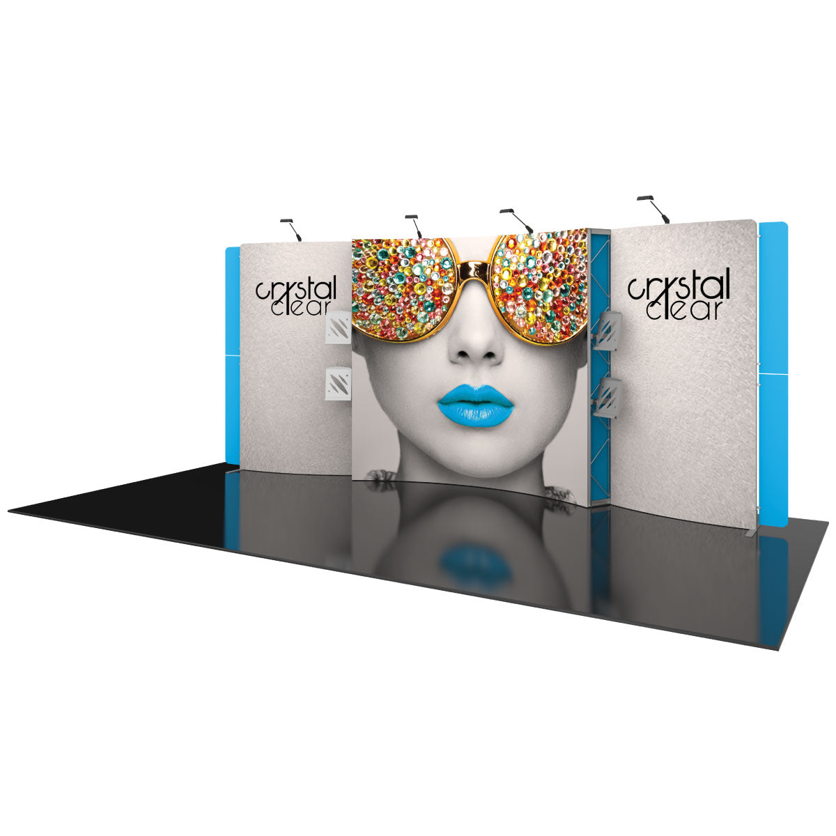 Trade show display booth with large graphic panel featuring a woman wearing jeweled sunglasses and logo panels on each side