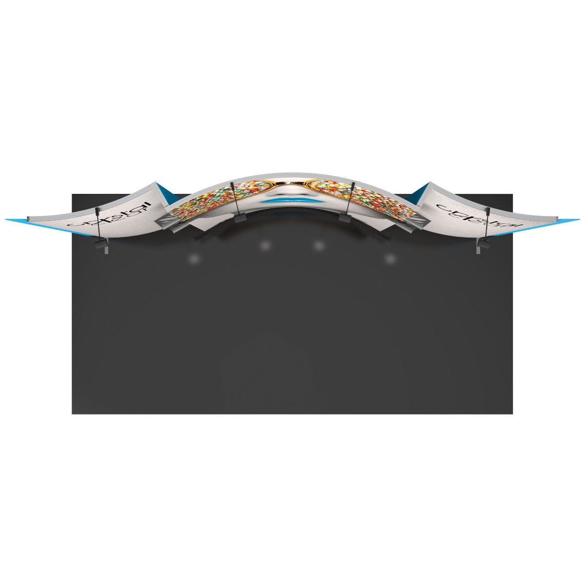 Curved trade show display booth with large graphic panels and overhead lighting for exhibitions