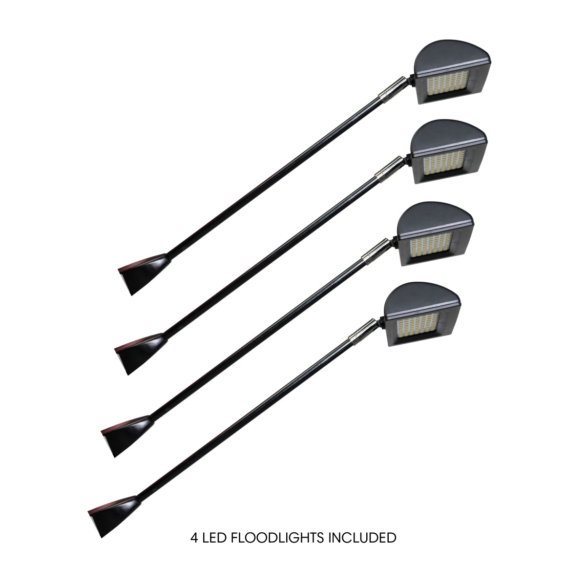 Set of four LED floodlights with adjustable arms for trade show and exhibition lighting