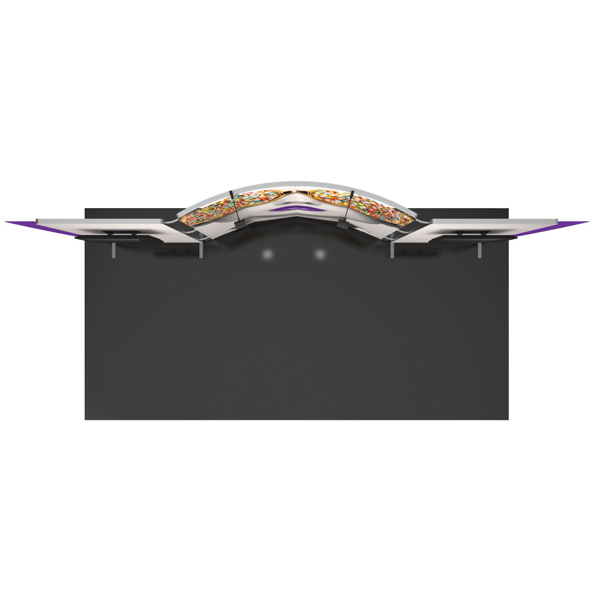 Curved trade show display booth with graphic panels and side counters for exhibitions and events