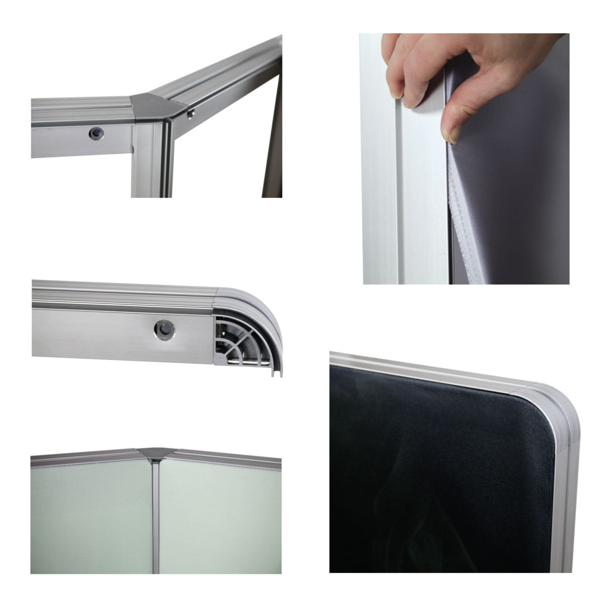 Modular aluminum frame components for trade show displays with fabric graphic installation details