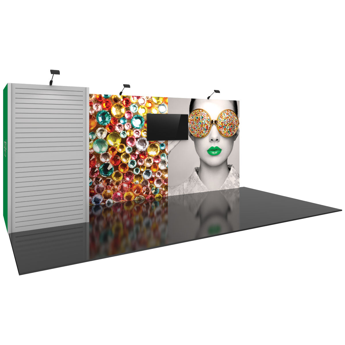 Exhibition booth display with large graphic panels, lighting, and mounted monitor for trade shows and special events