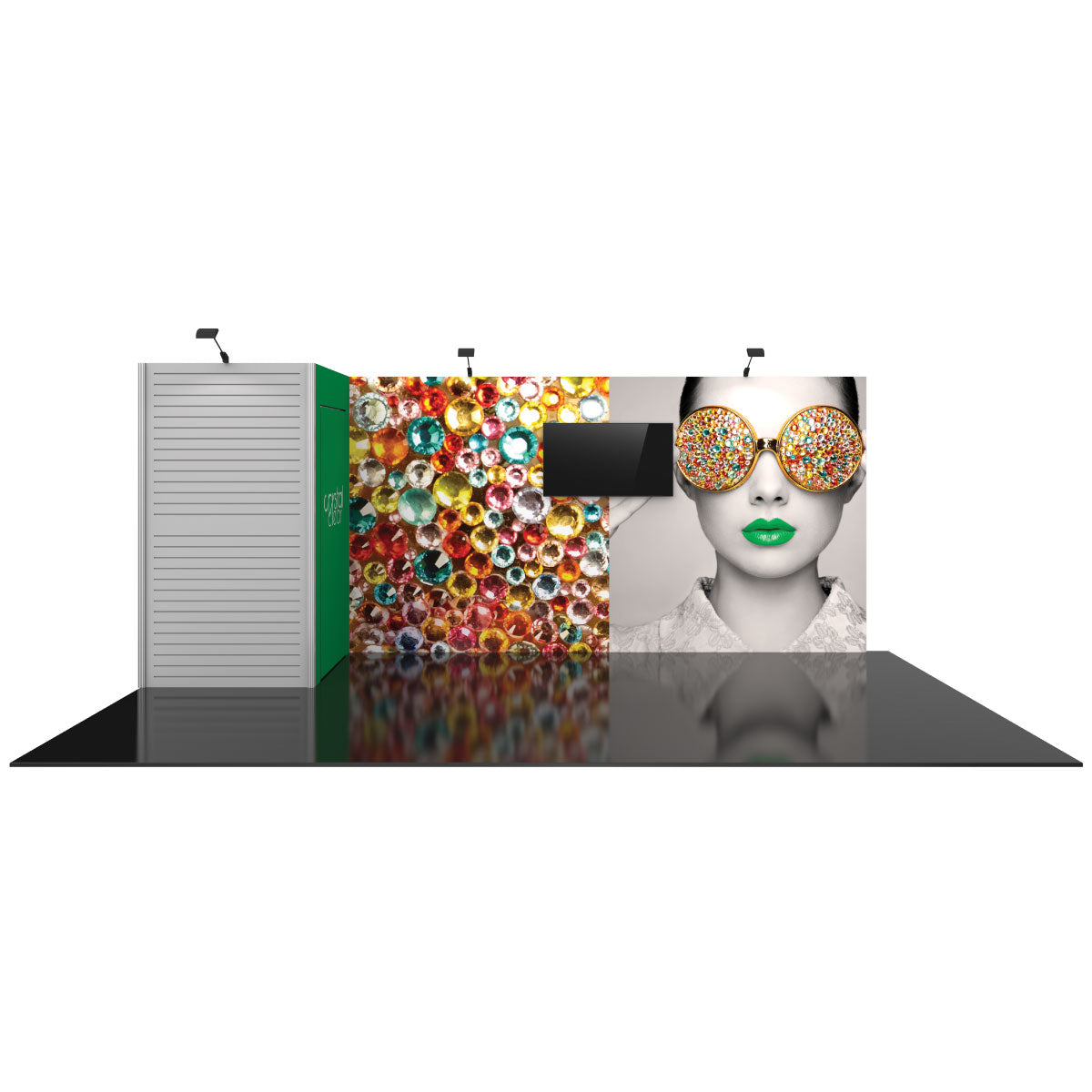 Trade show display booth with large graphic panels, integrated monitor, and spotlight lighting