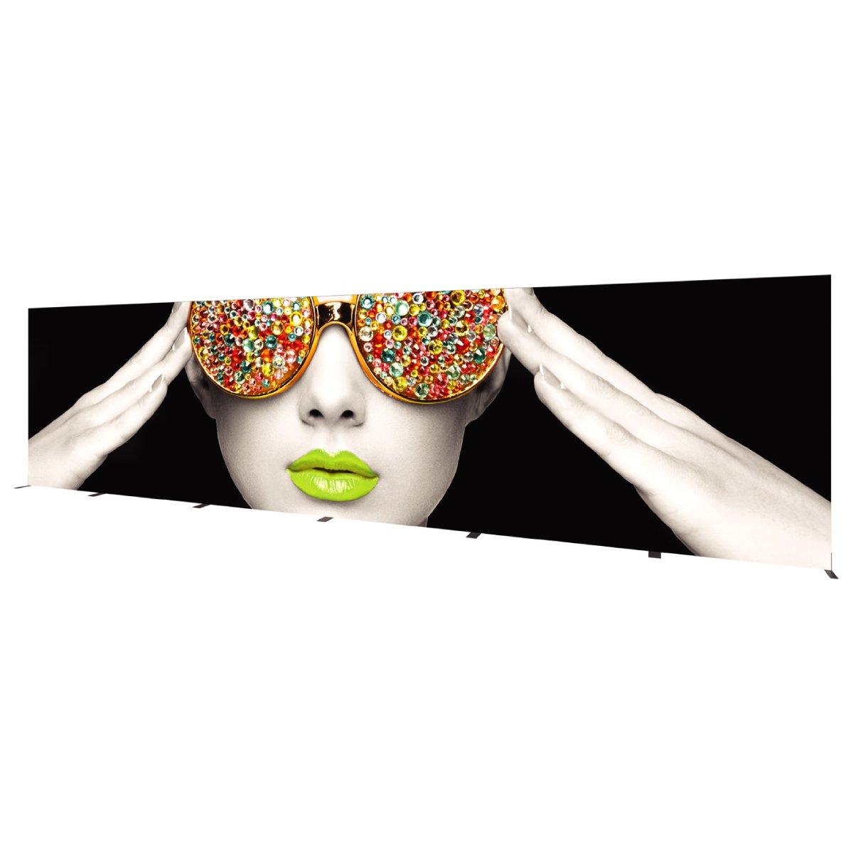 large trade show lightbox display featuring artistic face with bejeweled sunglasses and vibrant lips for exhibitions
