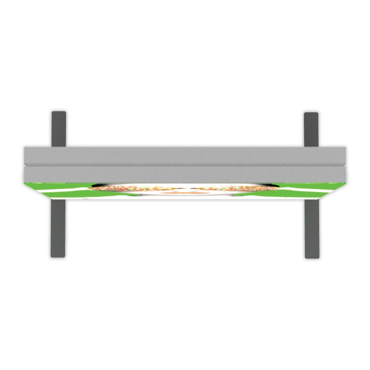 Overhead trade show frame display with graphic panel and support legs for exhibitions and events