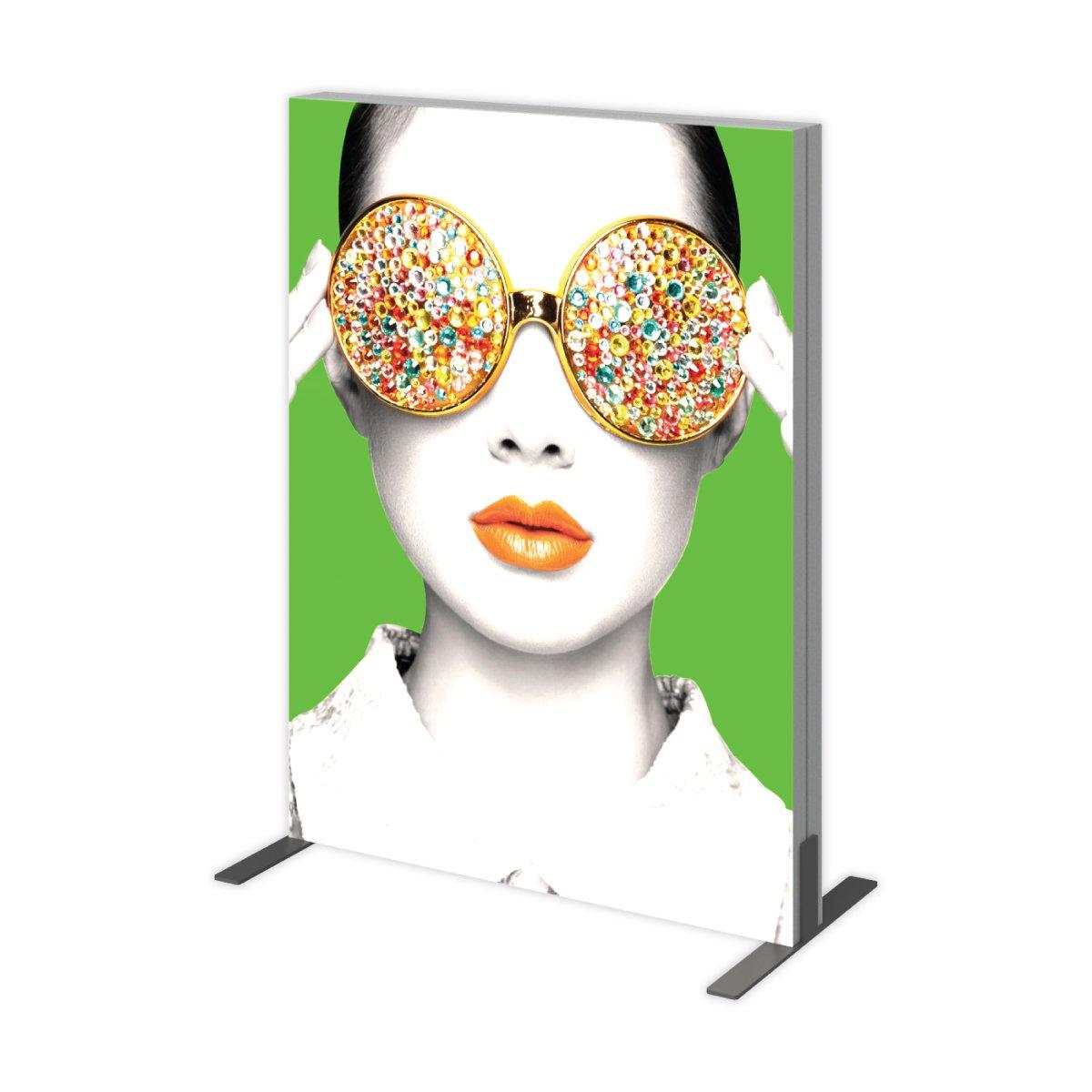 Freestanding graphic panel featuring a stylized woman with decorative oversized glasses for trade shows and events