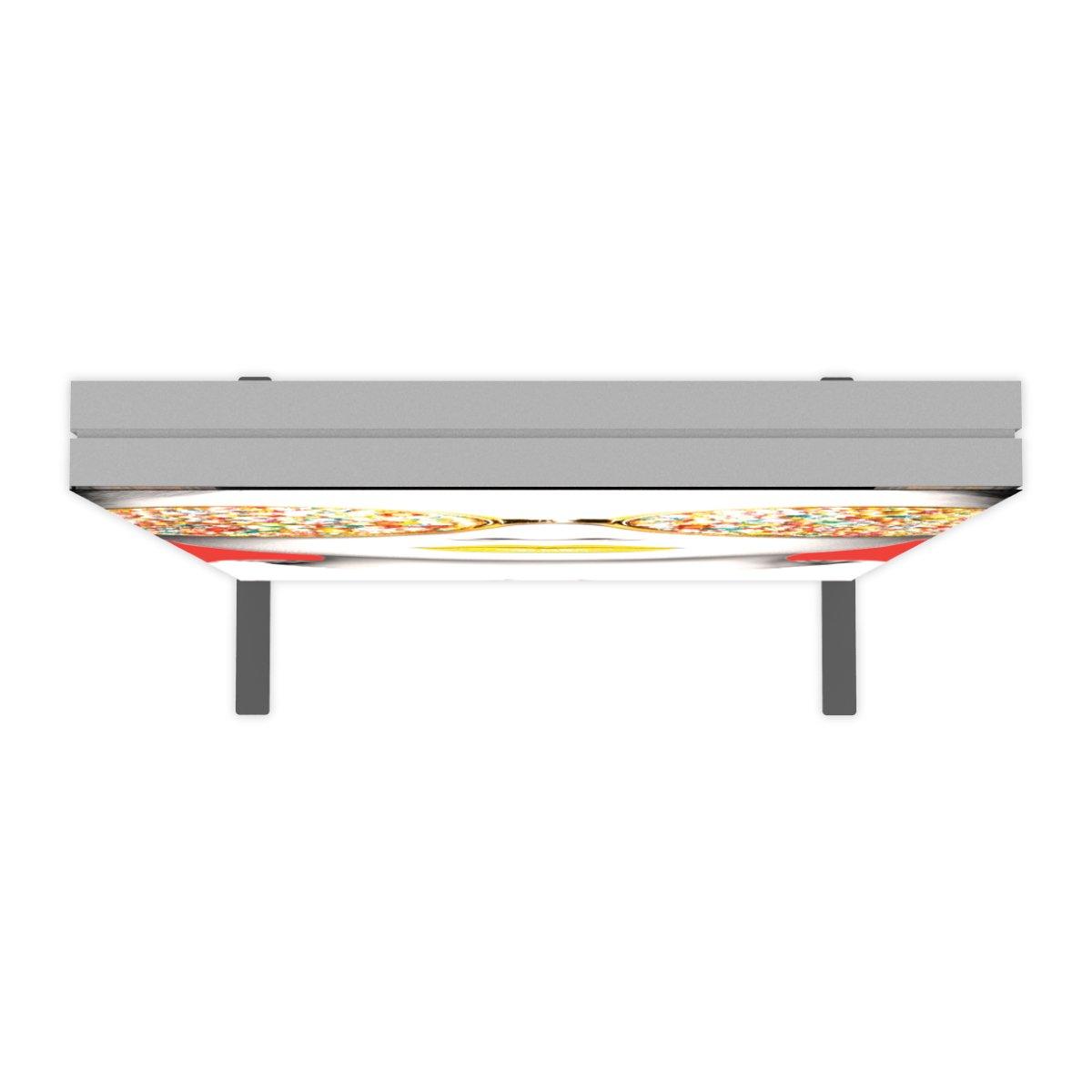 Overhead view of lightbox display featuring pizza graphics for trade shows and exhibitions