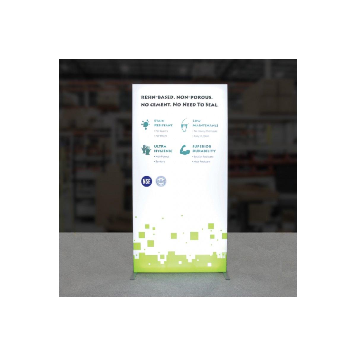 Illuminated trade show display lightbox highlighting resin-based, non-porous product benefits for exhibitions