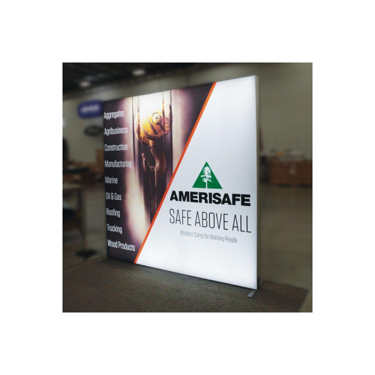 Illuminated trade show lightbox display featuring Amerisafe safety and workers' compensation branding for exhibitions