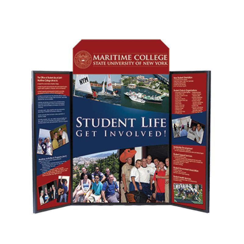 Folding panel display for trade shows featuring Maritime College student life and involvement information