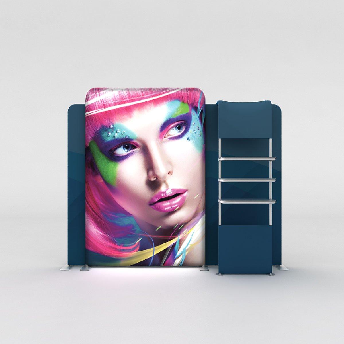 WaveLight LED backlit display with striking face graphic and modular shelving for trade shows and exhibitions