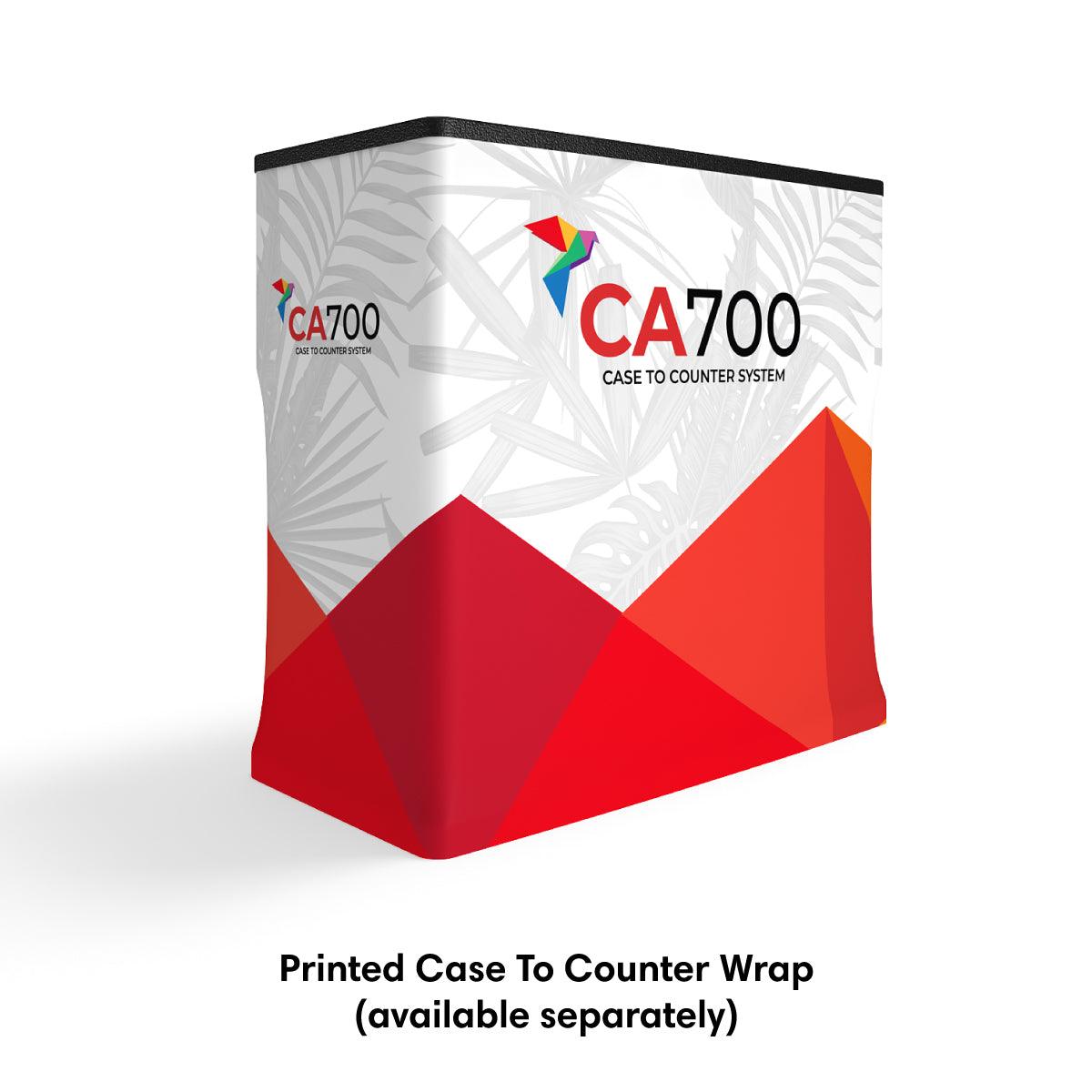Printed case to counter wrap for trade shows and exhibitions with branded design and geometric accents