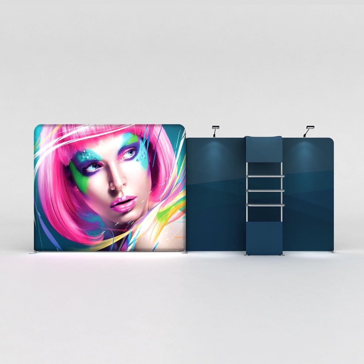 Backlit LED trade show display featuring vibrant graphic and shelving for exhibition booths and events