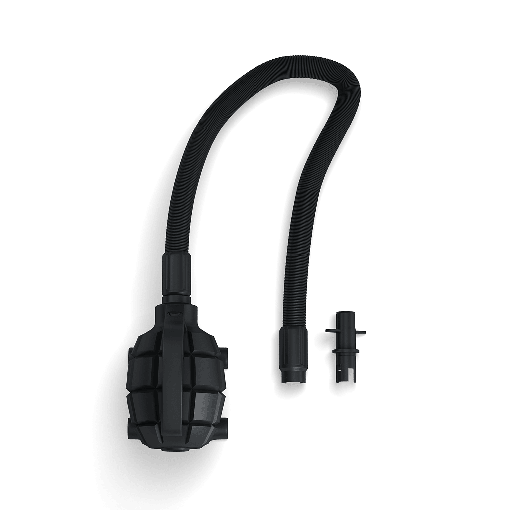 Compact air pump with flexible hose and adapter for inflating trade show displays and event decor