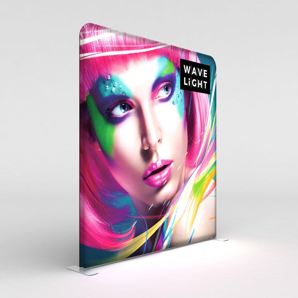 Backlit fabric trade show display featuring colorful artistic portrait for exhibitions and events