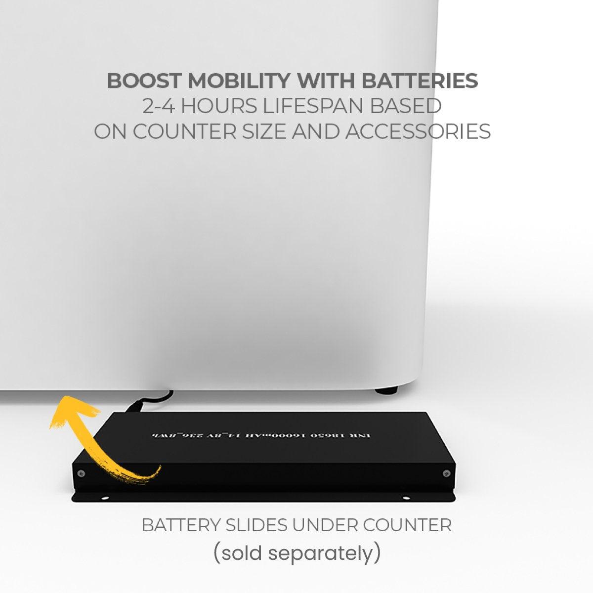 Battery pack slides under counter to boost mobility for trade shows and events with 2-4 hours lifespan